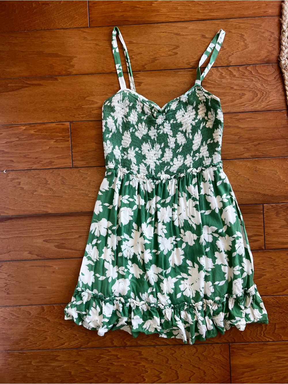 Lush Green and White Floral Sundress with Smocked Bodice